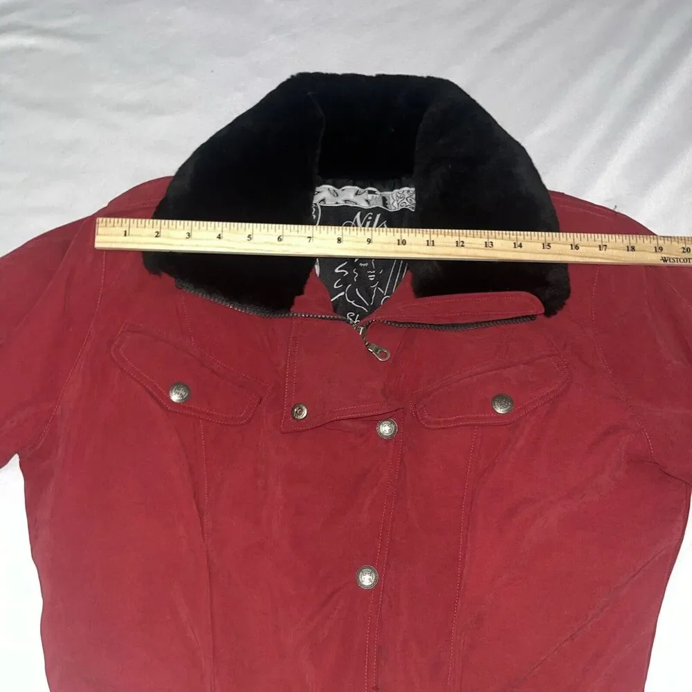 Women’s Vintage Nila Skiwear Size 12 Red And Black Jacket W Faux Fur Collar